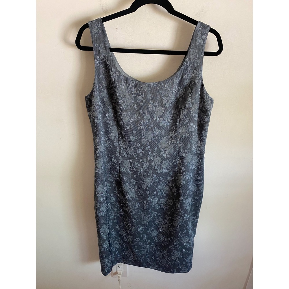 Maggy London Blue Floral Jacquard Sheath Dress Sleeveless Scoop Neck Size 14